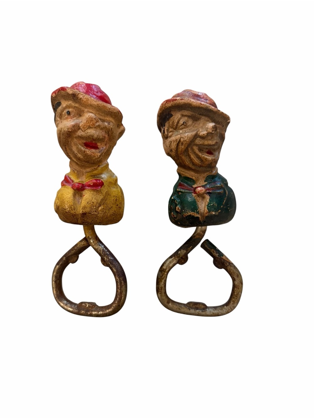Vintage 1940’s Carved Wood Character Bottle Openers - Yellow & Green